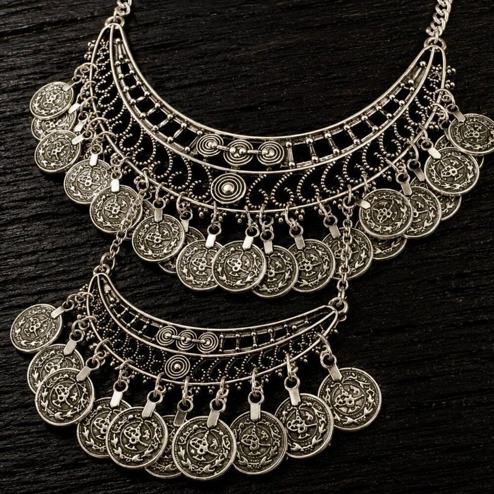 Double the Coins, Double the Drama Silver Tone Babes Statement Necklace